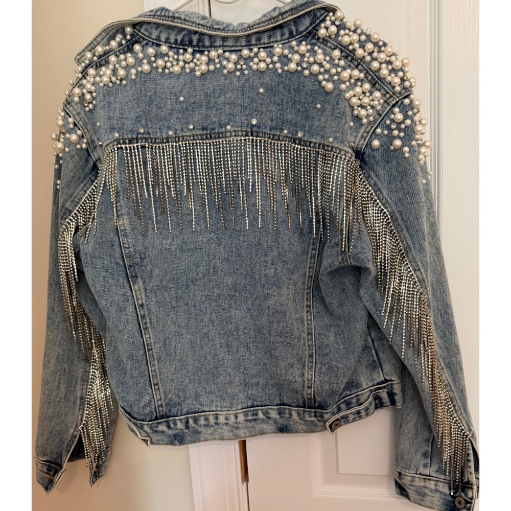 Custom made Denim Jacket with Pearl Embellishments and Rhinestone Fringe Back m
